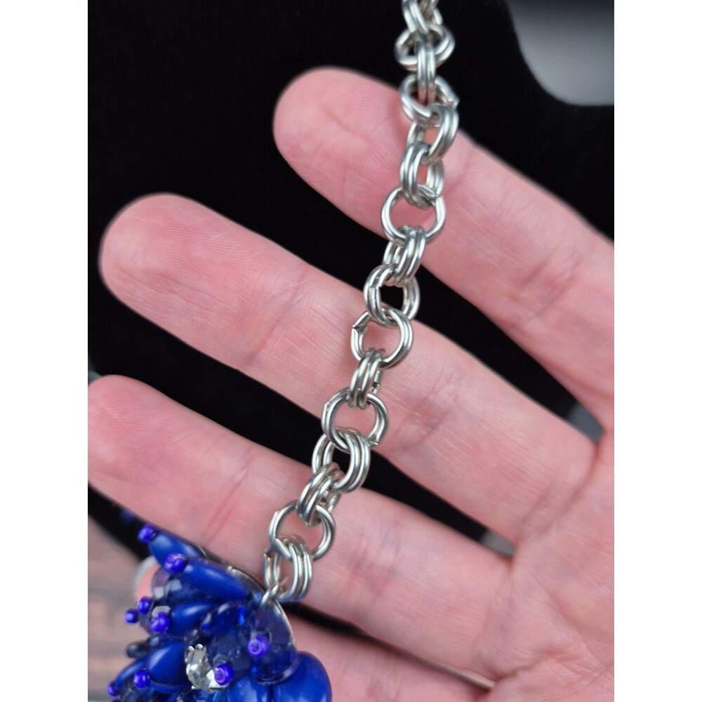 Vtg Lucite Flower Cluster Necklace Blue Crystal‎ Silver Tone 17–19" Cottagecore - Picture 7 of 14